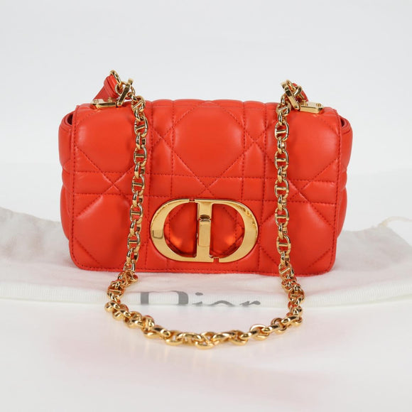 Christian Dior CARO Calo Microcannage Shoulder Bag Leather Orange Auth 121261M