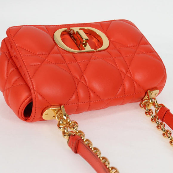 Christian Dior CARO Calo Microcannage Shoulder Bag Leather Orange Auth 121261M