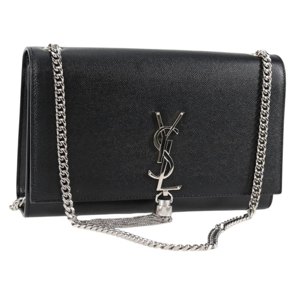SAINT LAURENT Chain Shoulder Bag Leather Black Silver Auth 121273M