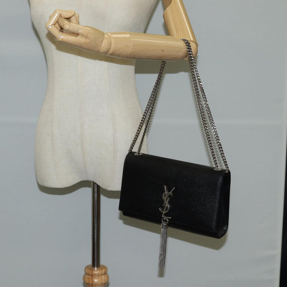 SAINT LAURENT Chain Shoulder Bag Leather Black Silver Auth 121273M