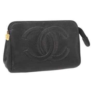 CHANEL Pouch Caviar Skin Black Gold CC Auth 121318