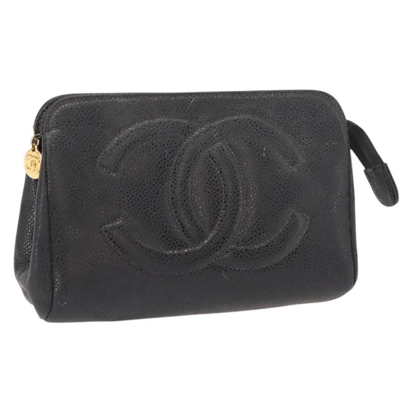 CHANEL Pouch Caviar Skin Black Gold CC Auth 121318