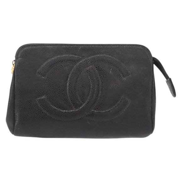 CHANEL Pouch Caviar Skin Black Gold CC Auth 121318