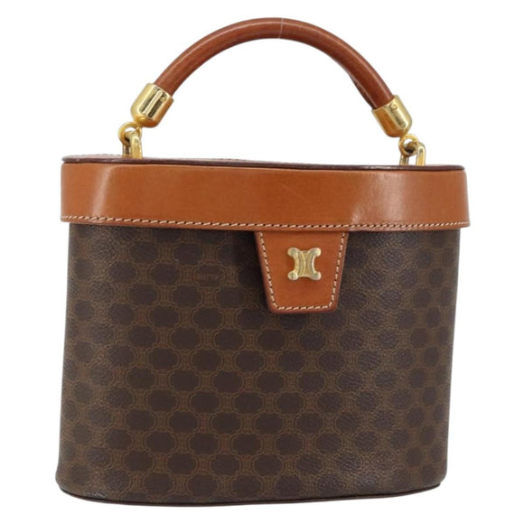 CELINE Macadam Canvas Vanity Pouch PVC Leather Brown Gold Auth 121321