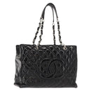 CHANEL Chain Tote Bag Enamel Black Silver CC Auth 121328V-1
