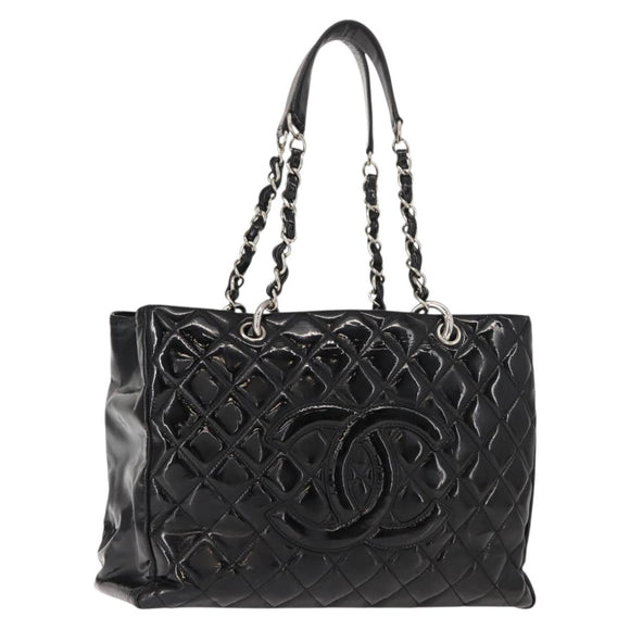 CHANEL Chain Tote Bag Enamel Black Silver CC Auth 121328V