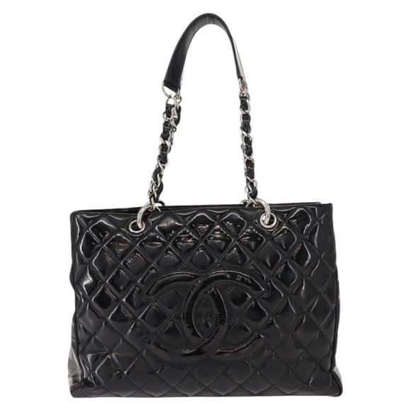 CHANEL Chain Tote Bag Enamel Black Silver CC Auth 121328V