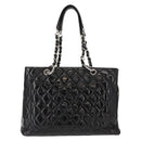 CHANEL Chain Tote Bag Enamel Black Silver CC Auth 121328V-2