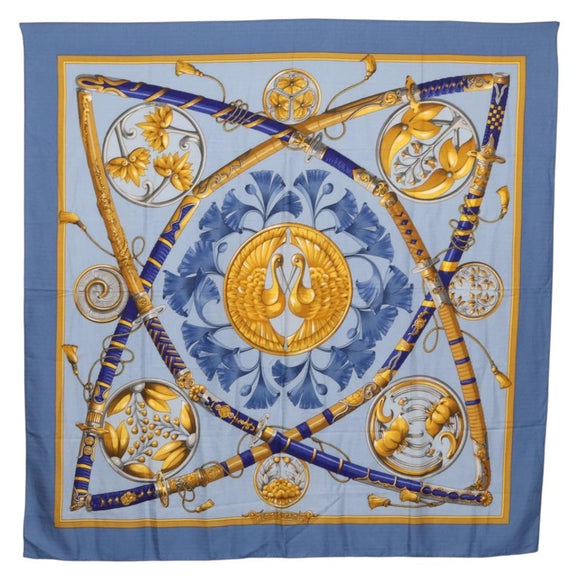 HERMES Carre 140 Scarf Silk Cashmere Light Blue Auth 121330V