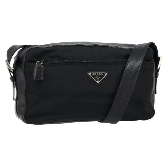 PRADA Shoulder Bag Nylon Leather Black Silver Auth 121352