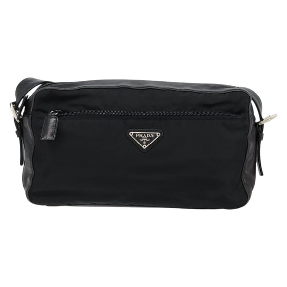 PRADA Shoulder Bag Nylon Leather Black Silver Auth 121352