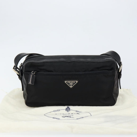 PRADA Shoulder Bag Nylon Leather Black Silver Auth 121352
