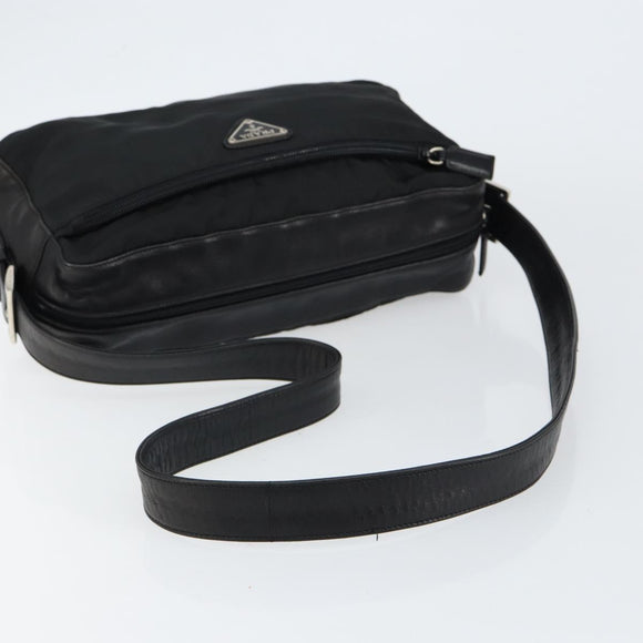 PRADA Shoulder Bag Nylon Leather Black Silver Auth 121352