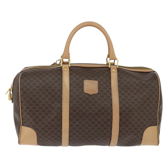 CELINE Macadam Canvas Boston Bag PVC Leather Brown Gold Auth 121362