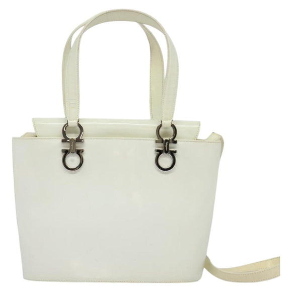 Salvatore Ferragamo Gancini Hand Bag Patent 2way White Silver Auth 121420