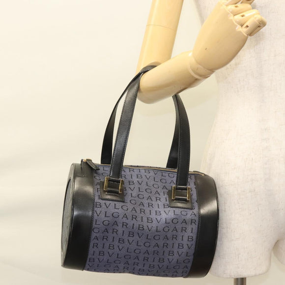 BVLGARI Hand Bag Canvas Navy Gold Auth 121454
