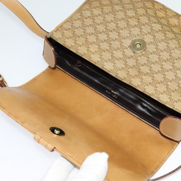 CELINE Macadam Canvas Shoulder Bag Beige Gold Auth 121456
