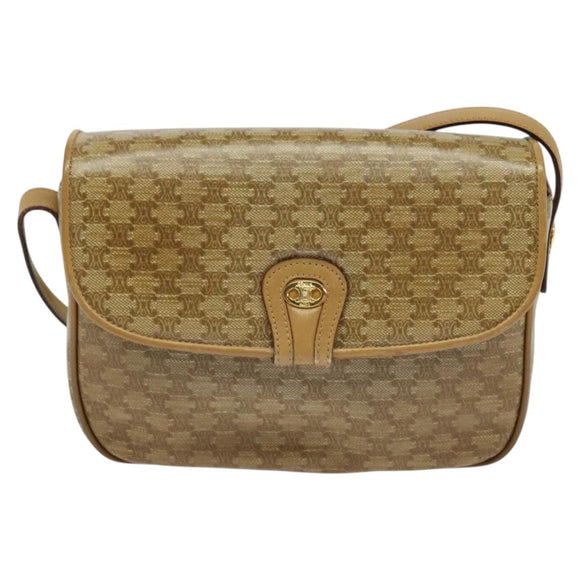 CELINE Macadam Canvas Shoulder Bag Beige Gold Auth 121456