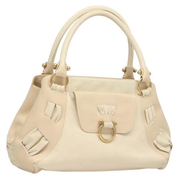 Salvatore Ferragamo Gancini Shoulder Bag Leather Ivory Gold Auth 121471