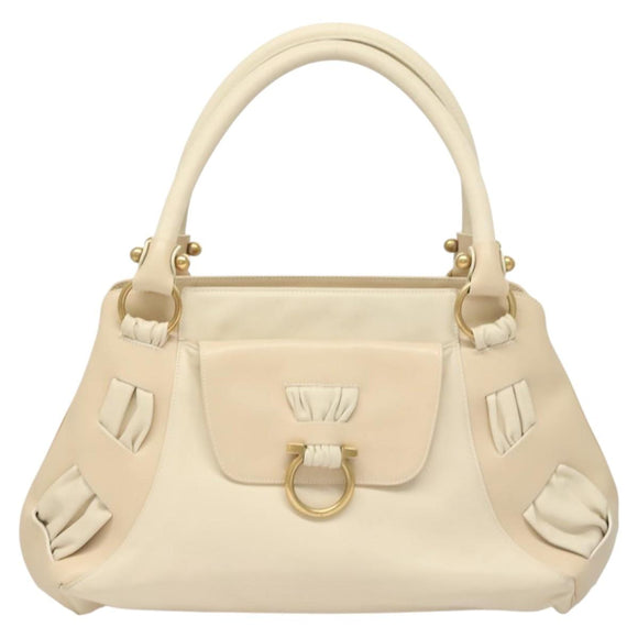 Salvatore Ferragamo Gancini Shoulder Bag Leather Ivory Gold Auth 121471