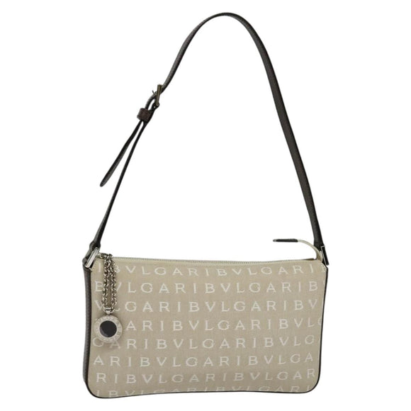BVLGARI Shoulder Bag Canvas Ivory Silver Auth 121484