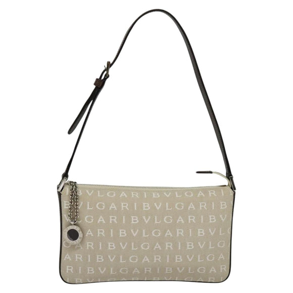 BVLGARI Shoulder Bag Canvas Ivory Silver Auth 121484
