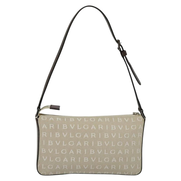 BVLGARI Shoulder Bag Canvas Ivory Silver Auth 121484