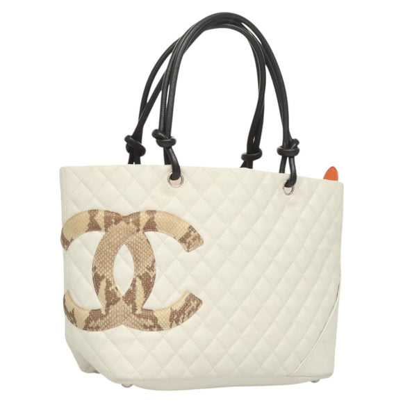 CHANEL Matelasse Cambon Line COCO Mark Tote Bag Lamb Skin White CC Auth 121507