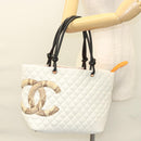 CHANEL Matelasse Cambon Line COCO Mark Tote Bag Lamb Skin White CC Auth 121507-23