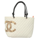 CHANEL Matelasse Cambon Line COCO Mark Tote Bag Lamb Skin White CC Auth 121507-13