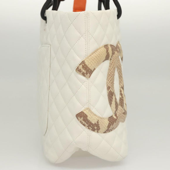 CHANEL Matelasse Cambon Line COCO Mark Tote Bag Lamb Skin White CC Auth 121507