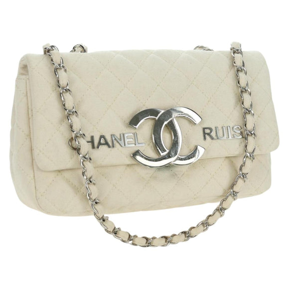 CHANEL Matelasse Chain Shoulder Bag Canvas White Silver CC Auth 121513