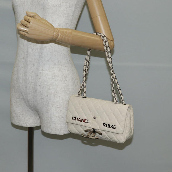 CHANEL Matelasse Chain Shoulder Bag Canvas White Silver CC Auth 121513V