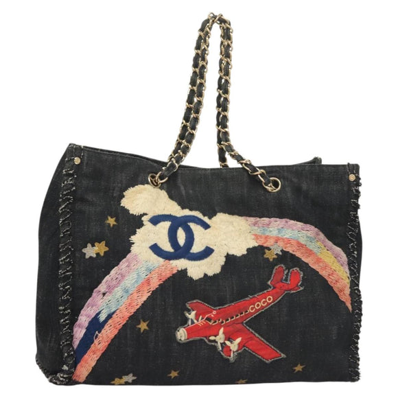 CHANEL Ketten-Schultertasche Denimblau Goldfarbene CC Auth 121517V