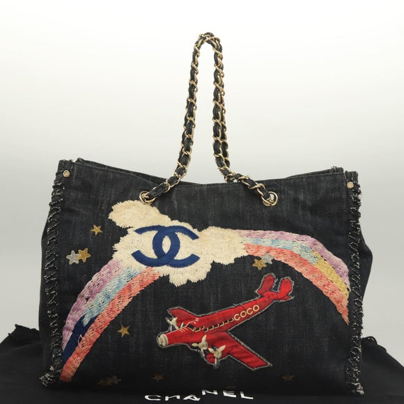 CHANEL Ketten-Schultertasche Denimblau Goldfarbene CC Auth 121517V