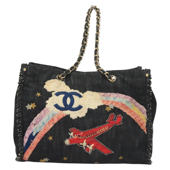 CHANEL Ketten-Schultertasche Denimblau Goldfarbene CC Auth 121517V