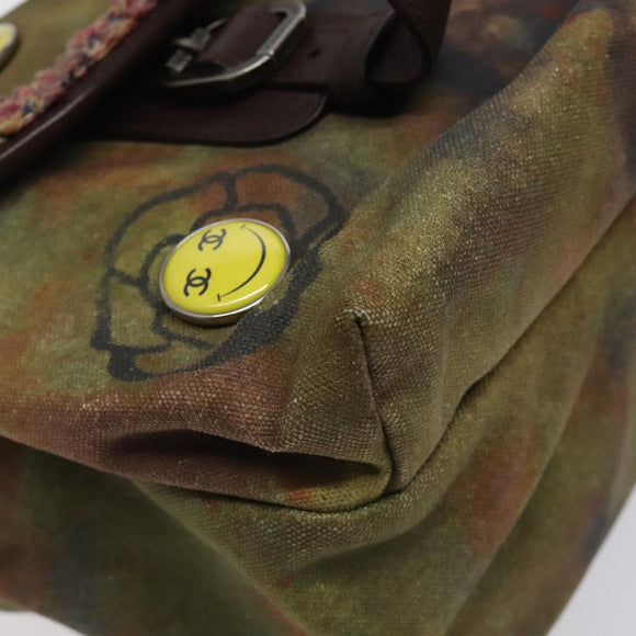 CHANEL Embroidery Graffiti Shoulder Bag Canvas Leather Khaki CC Auth 121519SV