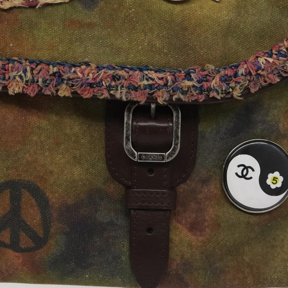 CHANEL Embroidery Graffiti Shoulder Bag Canvas Leather Khaki CC Auth 121519SV