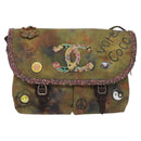 CHANEL Embroidery Graffiti Shoulder Bag Canvas Leather Khaki CC Auth 121519SV-13