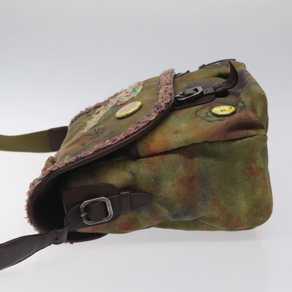 CHANEL Embroidery Graffiti Shoulder Bag Canvas Leather Khaki CC Auth 121519SV