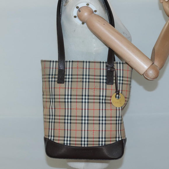 BURBERRY Nova Check Tote Bag Canvas Beige Gold Auth 121552