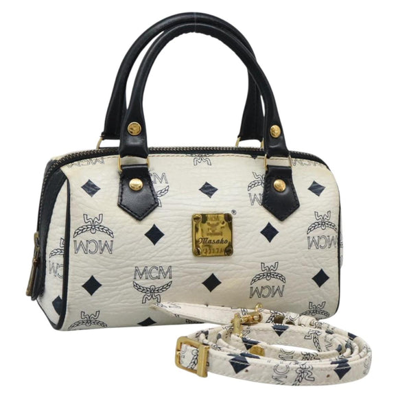 MCM Logogram Vicetos Hand Bag PVC Leather 2way White Gold Auth 121553