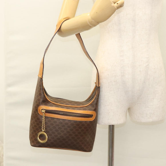 CELINE Macadam Canvas Shoulder Bag PVC Leather Brown Gold Auth 121564