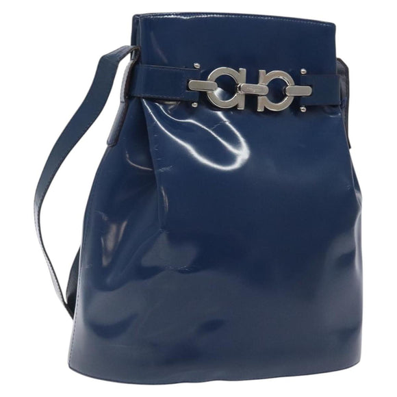 Salvatore Ferragamo Shoulder Bag Patent leather Blue Silver Auth 121614
