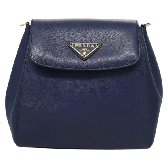 PRADA Shoulder Bag Safiano Leather Blue Gold Auth 121634