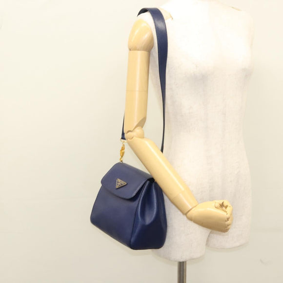 PRADA Shoulder Bag Safiano Leather Blue Gold Auth 121634