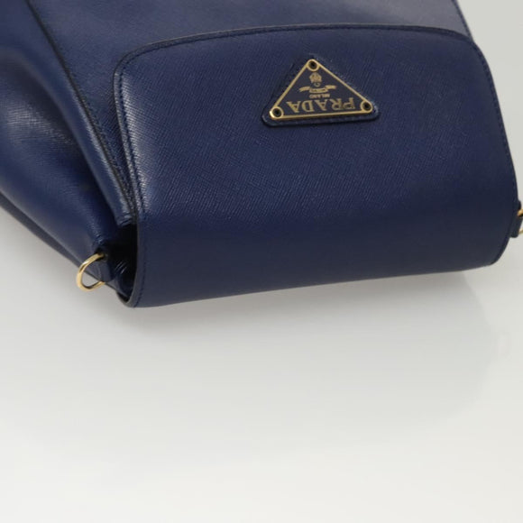 PRADA Shoulder Bag Safiano Leather Blue Gold Auth 121634