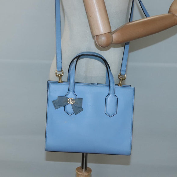 GUCCI Hand Bag Leather 2way Blue Gold 443089 Auth 121644
