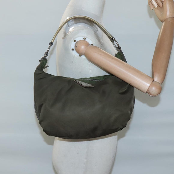 PRADA Shoulder Bag Nylon Khaki Silver Auth 121654