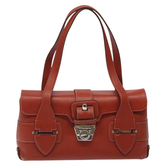 Salvatore Ferragamo Gancini Shoulder Bag Leather Orange Silver Auth 121671